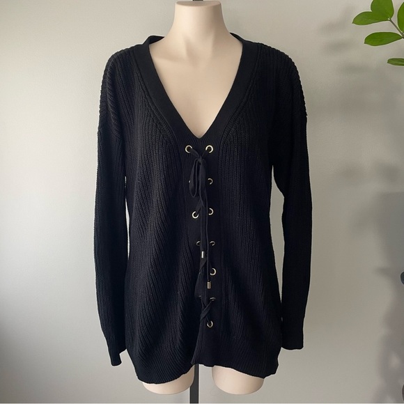 Guess Lace Up Long Knit Sweater Longline Black Vneck Boho Bohemian Size XL - Picture 1 of 6